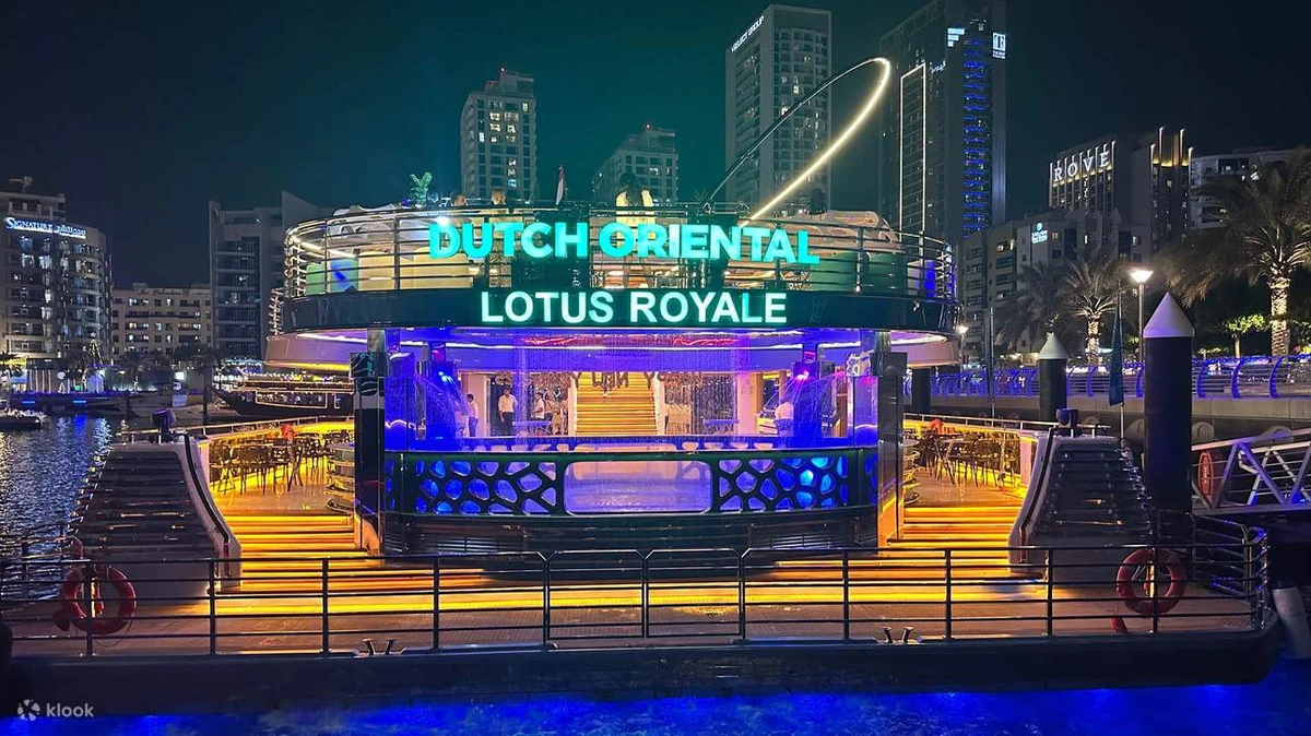 Dutch Oriental Lotus Royale cruise front view with illuminated sign
