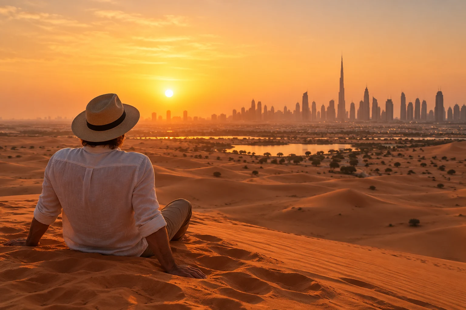 A traveller admiring the Dubai desert sunset